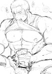  1boy abs bar_censor bara bare_arms bare_pectorals blush breath censored clothes_lift feet_out_of_frame greyscale gunzo_(housamo) harada_(basashi) large_pectorals lifted_by_self long_sideburns male_focus male_masturbation masturbation mature_male monochrome mouth_hold muscular muscular_male nipples nose_blush pectorals shirt_in_mouth shirt_lift short_hair sideburns sketch solo spread_legs stomach sweat sweatdrop tank_top thick_thighs thighs tokyo_afterschool_summoners translation_request underpec 