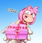  &lt;3 2022 amy_rose anthro blue_background bodily_fluids box box_chan clothed clothing container dialogue dress english_text eulipotyphlan female gift hair hedgehog hi_res holding_box holding_container holding_gift holding_object holidays leaning leaning_forward legwear looking_at_viewer mammal nervous_smile open_mouth open_smile pink_hair red_clothing red_dress sega simple_background smile solo sonic_the_hedgehog_(series) sweat talking_to_viewer text thigh_highs valentine&#039;s_day 