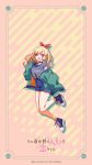  1girl bare_legs blonde_hair choker denim denim_shorts fukuda_shinichi green_jacket hair_ribbon highres horizontal_stripes jacket kitagawa_marin multicolored_hair official_alternate_costume official_alternate_hairstyle official_art pink_hair red_eyes ribbon shoes shorts sneakers sono_hanabira_ni_kuchizuke_wo striped translation_request yellow_legwear 