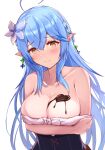  1girl ahoge arm_support bangs bare_shoulders black_corset blue_hair blush braid breast_hold breasts chocolate cleavage collarbone colored_tips corset elf eyebrows_visible_through_hair flower food_on_breasts hair_between_eyes hair_flower hair_ornament heart_ahoge hololive large_breasts light_smile long_hair looking_at_viewer multicolored_hair pointy_ears sabamiso_(tomomon021831) shoulders smile snowflake_hair_ornament solo streaked_hair topless underbust virtual_youtuber yellow_eyes yukihana_lamy 