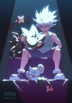  1boy bare_arms commentary_request evolution evolutionary_line hunter_x_hunter kariki_hajime killua_zoldyck looking_at_viewer male_focus pokemon pokemon_(creature) shirt shorts sitting solo spiked_hair spotlight stage stage_lights 