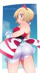  1girl arm_wrap ass blonde_hair blue_eyes highres irida_(pokemon) pokemon pokemon_(game) pokemon_legends:_arceus red_headwear red_shirt shirt shorts solo strapless strapless_shirt takagirock twitter_username waist_cape white_shorts 