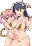  2girls ahoge animal_ears badge bikini biting black_hair breasts brown_eyes commentary_request cowboy_shot flat_chest hair_bobbles hair_ornament highres horns kantai_collection large_breasts long_hair multiple_girls oni_horns osananajimi_neko pink_eyes pink_hair sazanami_(kancolle) short_hair simple_background swimsuit tail tiger_ears tiger_tail twintails unfinished ushio_(kancolle) white_background yellow_bikini 