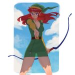  1girl absurdres arrow blue_eyes bow_(weapon) breasts genderswap genderswap_(mtf) green_headwear hat highres l4wless link link_(shounen_captain) long_hair pink_hair pointy_ears red_hair see-through_shirt serious the_legend_of_zelda_(nes) tunic weapon 