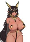  1girl absurdres animal_ears ankh arms_behind_back ash_(cat7evy) ass_visible_through_thighs bangs bare_shoulders between_breasts black_hair black_sleeves blunt_bangs breasts circlet cleavage closed_mouth commentary covered_nipples dark-skinned_female dark_skin detached_sleeves egyptian expressionless eyebrows_visible_through_hair fake_animal_ears gold_trim green_eyes hand_on_hip highres huge_breasts last_origin light_blush long_hair looking_at_viewer no_humans pointy_ears revealing_clothes sekhmet_of_death simple_background sketch solo thighs white_background 