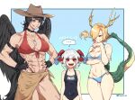  ... 3girls :d abs adapted_costume alternate_costume antlers arm_under_breasts armband bangs bare_shoulders bikini black_choker black_gloves black_hair black_wings blonde_hair border breasts brown_headwear choker closed_mouth collarbone contrapposto covered_navel cowboy_hat cowboy_shot dog_tags dragon_horns dragon_tail earrings eyebrows_behind_hair fang fang_out feathered_wings fingerless_gloves foam_(awa) gloves groin hair_over_one_eye hand_on_own_chin hand_up hands_on_hips hat highres horizontal_pupils horn_ornament horn_ribbon horns horse_tail jewelry kicchou_yachie kurokoma_saki long_hair looking_at_another medium_breasts multiple_girls muscular muscular_female necklace o-ring o-ring_bottom one-piece_swimsuit open_mouth outside_border pegasus_wings pointy_ears ponytail red_bikini red_eyes ribbon sarong sharp_teeth short_hair silver_hair simple_background size_difference small_breasts smile spoken_ellipsis swimsuit tail teeth touhou toutetsu_yuuma turtle_shell upper_teeth white_border wings 