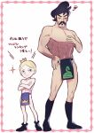  2boys abs age_difference bangs bebinn black_footwear black_hair blonde_hair blush boots closed_eyes commentary_request crossed_arms crown daida facial_hair framed full_body hand_up knees loincloth male_focus mini_crown multiple_boys muscular muscular_male mustache nikomi_(nikomix) ousama_ranking parted_bangs pectorals shoes short_hair snake_print sparkle squiggle standing sweatdrop topless_male translation_request white_background 