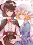  bangs black_capelet black_headwear black_skirt blonde_hair blue_eyes blush brown_hair buttons capelet center_frills closed_mouth fedora frills hat highres hourai_kiriri maribel_hearn mob_cap shirt short_hair skirt standing touhou usami_renko white_headwear white_shirt 