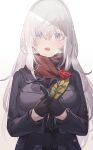  1girl bangs black_gloves blush breasts coat flower gloves grey_eyes highres long_hair looking_at_viewer narumi_arata open_mouth original rose scarf sharp_teeth silver_hair simple_background solo sweatdrop teeth valentine white_background winter_clothes winter_coat 
