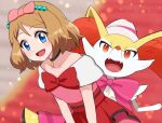  1girl :d bangs black_choker blue_eyes bow bow_hairband bowtie braixen brown_hair choker collarbone commentary_request cu-sith eyebrows_visible_through_hair eyelashes hairband happy hatted_pokemon medium_hair open_mouth pokemon pokemon_(anime) pokemon_(creature) pokemon_xy_(anime) red_bow red_bowtie red_skirt serena_(pokemon) shiny shiny_hair shirt skirt smile tongue 