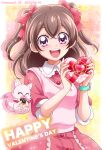  1girl border box breasts brown_hair candy chocolate collared_dress dated delicious_party_precure dress eating eyebrows_visible_through_hair food fox gift gift_box gradient gradient_background hair_between_eyes hair_ribbon hanzou heart heart-shaped_chocolate highres kome-kome_(precure) long_hair nagomi_yui open_mouth pink_dress pink_ribbon pink_vest precure purple_eyes ribbon short_sleeves small_breasts smile twintails twitter_username valentine vest white_border yellow_background 