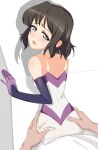  1boy 1girl ass ass_grab bare_shoulders black_hair blue_eyes blush clothed_sex doggystyle elbow_gloves gloves hetero highres kohinata_miku looking_at_viewer open_mouth pov senki_zesshou_symphogear sex shiny shiny_hair short_hair shoulder_blades sketch torso_grab unkoman_(rakugakiunkoman) 