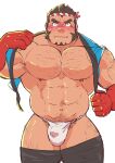  1boy abs bara bare_pectorals blush bulge chest_hair cowboy_shot embarrassed fundoshi hachimaki hairy happi headband highres japanese_clothes large_pectorals leg_hair long_sideburns looking_at_viewer male_focus mature_male muscular muscular_male navel navel_hair nejiri_hachimaki nipples pectorals short_hair sideburns solo stomach tajikarao_(housamo) thick_eyebrows thick_thighs thighhighs thighs tokyo_afterschool_summoners tusks undressing yasa_gori 