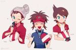  3boys :d beanie black_gloves blue_eyes blue_jacket bodysuit box brown_hair character_name closed_eyes closed_mouth facing_viewer gift gift_box gloves grey_headwear hat heart-shaped_box holding holding_gift jacket jiugong_chi kellyn_(pokemon) male_focus multiple_boys nate_(pokemon) one_eye_closed pokemon pokemon_(game) pokemon_bw2 pokemon_ranger pokemon_swsh red_headwear red_jacket red_shirt shirt short_hair short_sleeves sleeves_rolled_up smile star_(symbol) symbol-only_commentary twitter_username valentine victor_(pokemon) visor_cap waving white_shirt zipper_pull_tab 