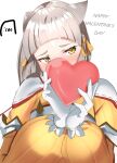  1girl animal_ears bangs blunt_bangs bodysuit cat_ears facial_mark gloves highres icoo nia_(xenoblade) short_hair signature silver_hair simple_background solo valentine white_background white_gloves xenoblade_chronicles_(series) xenoblade_chronicles_2 yellow_bodysuit yellow_eyes 