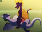  2022 activision anal anal_penetration balls bodily_fluids claws digital_media_(artwork) dragon duo feral genital_fluids genitals horn male male/male male_penetrated male_penetrating male_penetrating_male penetration penis prismanoodle_(artist) rykin scalie sex simple_background spyro spyro_the_dragon video_games western_dragon wings 