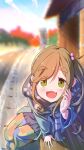  1girl :d absurdres bench blonde_hair blurry blurry_background eyebrows_visible_through_hair fang foreshortening green_eyes hair_bobbles hair_ornament highres inuyama_aoi leaning_forward looking_at_viewer oekakiism scarf side_ponytail sitting skin_fang smile solo thick_eyebrows yurucamp 