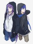  2boys back-to-back black_jacket blue_eyes blue_hair blue_scarf brown_pants closed_mouth commentary cowboy_shot cropped_legs denim dog_tags from_above hand_up hands_in_pockets highres hood hooded_jacket jacket jeans jewelry kaito_(vocaloid) kamui_gakupo long_hair looking_at_viewer looking_back male_focus multiple_boys necklace pants parted_lips purple_eyes purple_hair scarf shirt simple_background very_long_hair vocaloid white_background white_shirt yinnnn 