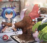  3girls apron blue_hair chocolate_statue dragon_girl dragon_horns dragon_tail dress duel_monster from_behind green_hair hatano_kiyoshi highres holding horns kitchen kitchen_dragonmaid laundry_dragonmaid lava_golem_(yu-gi-oh!) leaf long_sleeves maid maid_apron maid_headdress multicolored_hair multiple_girls o_o open_mouth parlor_dragonmaid pink_hair purple_hair red_hair tail yellow_eyes yu-gi-oh! 