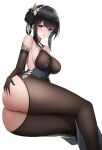  1girl absurdres afpl_(parrotz4) ass ass_cutout azur_lane bare_shoulders black_flower black_gloves black_hair black_rose bodystocking breasts butt_crack china_dress chinese_clothes clothing_cutout dress elbow_gloves feet_out_of_frame fine_fabric_emphasis flower gloves hand_on_own_ass highres lace-trimmed_gloves lace_trim large_breasts long_hair looking_at_viewer official_alternate_costume pelvic_curtain purple_eyes rose simple_background sleeveless sleeveless_dress solo taut_clothes taut_dress white_background zhenhai_(azur_lane) zhenhai_(vestibule_of_wonders)_(azur_lane) 