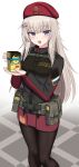  1girl absurdres ak74m_(girls&#039;_frontline) bangs beret black_jacket black_legwear blue_eyes blush candy chocolate chocolate_bar eyebrows_visible_through_hair feet_out_of_frame food girls&#039;_frontline hair_ornament hat highres holding jacket light_brown_hair long_sleeves looking_at_viewer open_mouth pantyhose red_headwear red_skirt russian_flag skirt snowflake_hair_ornament solo yakob_labo 