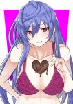  1girl blue_hair blush bra breasts candy chocolate food hair_over_one_eye heart heart-shaped_chocolate highres iris_heart kami_jigen_game_neptune_v large_breasts long_hair looking_at_viewer neptune_(series) pink_eyes power_symbol purple_bra reward_available smile solo symbol-shaped_pupils underwear valentine very_long_hair zatsu 