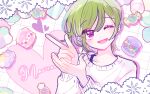  blush candy character_name dear_vocalist food green_hair heart highres jeje_(pixiv60670177) macaron momochi_(dear_vocalist) one_eye_closed pale_skin pointing_to_the_side purple_eyes 