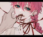  1boy akuma_shitsuji_to_kuroi_neko androgynous bandages blue_eyes braid chocolate chocolate_on_hand earrings food_on_hand highres jewelry lato_bacca looking_to_the_side male_focus micy pale_skin pink_hair white_background 