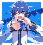  1boy aiming_at_viewer blue_background blue_eyes blue_hair blue_nails blue_scarf coat commentary finger_gun foreshortening headset heart holding holding_microphone kaito_(vocaloid) kaito_(vocaloid3) looking_at_viewer male_focus microphone nail_polish one_eye_closed open_mouth scarf see-through smile solo sparkle upper_body vocaloid white_coat yoshiki zipper zipper_pull_tab 