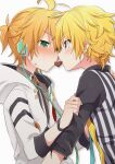  2boys aqua_eyes black_shirt blonde_hair blush cable candy chocolate coat commentary dual_persona food forehead-to-forehead green_eyes headphones heads_together heart heart-shaped_chocolate holding_another&#039;s_arm holy_lancer_(module) hooded_coat kagamine_len looking_at_another male_focus multiple_boys necktie project_diva_(series) selfcest sharing_food shirt short_ponytail simple_background spiked_hair squinting striped striped_shirt sudachi_(calendar) upper_body vertical-striped_shirt vertical_stripes vocaloid white_background white_coat white_edge_(module) yaoi 