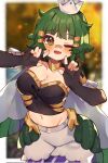  1girl aridonall black_gloves breasts brown_eyes cleavage commission crop_top elbow_gloves eyebrows_visible_through_hair fingerless_gloves gloves green_hair highres large_breasts looking_at_viewer navel one_eye_closed original short_hair solo 