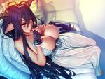  1girl ahoge bare_shoulders barefoot belt between_breasts black_hair blurry breast_suppress breasts camisole cleavage collarbone couch danua deep_skin depth_of_field draph dress fingerless_gloves gloves granblue_fantasy hair_between_eyes horn_ornament horns huge_breasts jewelry jitome large_breasts long_braid long_dress long_hair looking_away necklace nikichen nose pink_hair pointy_ears sitting very_long_hair 