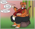  2020 3_toes anthro belly big_belly blush bottomwear bowl breasts chopsticks chubby_anthro chubby_female clothed clothing container dialogue dreamworks dumplings feet felid female food holding_chopsticks holding_object kung_fu_panda looking_at_viewer mammal master_tigress open_mouth overweight overweight_anthro overweight_female pantherine pants raised_tail sitting slightly_chubby solo speech_bubble swsu-master teeth tiger toes tongue 