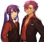  2boys black_jacket bow bowtie closed_mouth commentary_request ensemble_stars! hair_between_eyes hair_ornament highres jacket kanzaki_souma long_hair male_focus multiple_boys open_mouth orange_eyes otogari_adonis pink_eyes pink_hair purple_hair red_shirt shirt simple_background smile sookmo upper_body vest white_background 