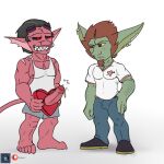  black_sclera bodily_fluids bulge clothed clothing demonic duo ear_piercing ear_ring erection genital_fluids goblin golborne_(character) graybeast humanoid imp male muscular muscular_male piercing precum smile 