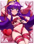  1girl absurdres black_nails blush bow breasts earrings hair_bow highres holding holding_scissors jewelry large_breasts long_hair lying naked_ribbon navel nose_blush on_back original purple_eyes purple_hair red_ribbon ribbon sarukaiwolf scissors sidelocks solo valentine violentine_(sarukaiwolf) yellow_bow 