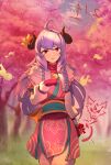  1girl :d ahoge bangs box braid caca_(1zz1) cherry_blossoms curled_horns flower fur_trim gloves hair_between_eyes hair_flower hair_ornament hand_up heart-shaped_box highres holding horns japanese_clothes kimono kindred_(league_of_legends) lamb_(league_of_legends) league_of_legends long_hair official_alternate_costume outdoors pink_kimono purple_hair red_eyes red_gloves ribbon side_braid smile spirit_blossom_(league_of_legends) spirit_blossom_kindred tree 