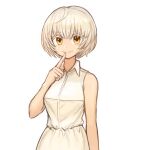  1girl act-age arm_at_side bare_arms breasts closed_mouth commission dress highres index_finger_raised looking_at_viewer momoshiro_chiyoko pixiv_request short_hair small_breasts smile solo sookmo upper_body white_dress white_hair yellow_eyes 