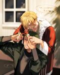  2boys blonde_hair dappled_sunlight green_hair grin hairband highres kotomine_(a1569) male_focus multiple_boys one_piece roronoa_zoro sanji santa_costume smile smoking sunlight yaoi 