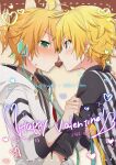  2boys aqua_eyes black_shirt blonde_hair blush cable candy chocolate coat commentary dated dual_persona food forehead-to-forehead green_eyes happy_valentine headphones heads_together heart heart-shaped_chocolate holding_another&#039;s_arm holy_lancer_(module) hooded_coat kagamine_len looking_at_another male_focus multiple_boys necktie project_diva_(series) selfcest sharing_food shirt short_ponytail spiked_hair squinting striped striped_shirt sudachi_(calendar) upper_body vertical-striped_shirt vertical_stripes vocaloid white_coat white_edge_(module) yaoi 