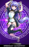  .live 1girl absurdres animal_ears arms_up breasts cleavage commentary_request fingerless_gloves gloves grin hair_ornament highres jumping looking_at_viewer magic_circle orange_eyes purple_hair rurun_rururica small_breasts smile solo tail thighhighs translation_request virtual_youtuber wolf_ears wolf_tail zebrablack 