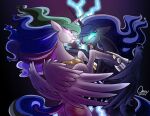  2015 blue_body blue_feathers duo equid equine feathers female feral friendship_is_magic glowing glowing_eyes hasbro horn mammal my_little_pony omny87 princess_celestia_(mlp) princess_luna_(mlp) sibling sister sisters winged_unicorn wings 