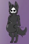  absurd_res anthro belly big_belly black_body black_fur changed_(video_game) cyberdvst digitigrade fur hi_res inflation latex living_latex male male/male mask puro_(changed) rubber solo 