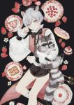  1boy animal chocolate food fruit happy_valentine highres holding holding_animal looking_at_viewer megechan original pastry plate raccoon short_hair simple_background solo strawberry sweets symbol-only_commentary valentine 