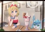  1girl :3 bare_shoulders blonde_hair blue_eyes blush breasts cafe cleavage closed_mouth counter elbow_rest eyebrows_behind_hair food fruit glaceon hairband ice_cream irida_(pokemon) looking_at_food poke_ball pokemon pokemon_(creature) pokemon_(game) pokemon_legends:_arceus red_shirt scrunchie shirt short_hair sitting smile spoon strapless strawberry sundae symbol-only_commentary tareme through_window tube_top uneg window wrist_scrunchie 