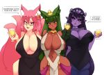  3girls :d animal_ears anubis_(monster_girl_encyclopedia) apophis_(monster_girl_encyclopedia) bare_arms black_dress black_sclera blush breasts cleavage colored_sclera come_hither cup dark-skinned_female dark_skin dress drink egyptian_clothes elysia_watanabe english_commentary english_text flower fox_ears fox_girl fox_tail green_eyes green_hair hair_flower hair_ornament holding holding_cup huge_breasts lamia looking_at_viewer monster_girl monster_girl_encyclopedia multiple_girls multiple_tails no_bra original pink_hair pointy_ears purple_hair red_eyes rtil scales second-party_source simple_background smile snake_hair_ornament speech_bubble tail tiara white_background 