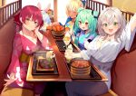  5girls :d aqua_kimono arm_up bangs blonde_hair blue_hair blue_kimono braid breasts carrot cleavage closed_mouth collarbone cup dark-skinned_female dark_skin double_bun drinking_straw drooling eyebrows_visible_through_hair feeding floral_print food food_in_mouth french_braid french_fries green_eyes green_hair hair_between_eyes hair_ribbon hand_on_own_chin head_on_table head_rest heterochromia highres holding holding_cup holding_spoon hololive houshou_marine indoors japanese_clothes kimono large_breasts meat mugicho_(kdks5554) multicolored_clothes multicolored_hair multicolored_kimono multiple_girls open_mouth parfait ponytail red_eyes red_hair red_kimono red_ribbon restaurant ribbon shiranui_flare shirogane_noel silver_hair sitting sitting_on_bench small_breasts smile sparkling_eyes spoon streaked_hair table thick_eyebrows twintails uruha_rushia usada_pekora virtual_youtuber waving white_hair white_kimono wide_sleeves yellow_eyes 