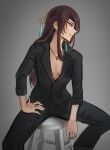  1girl anhmaruwu beidou_(genshin_impact) black_clothes breasts brown_hair cleavage formal genshin_impact grey_background jewelry long_hair looking_away looking_to_the_side necklace open_mouth red_eyes simple_background sitting smile solo stool 