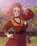  1girl arm_up belt big_hair blue_eyes blurry blurry_background blush breasts choker closed_mouth evening fingerless_gloves gloves hand_on_hip hand_on_own_head highres jacket jpeg_artifacts large_breasts lips long_sleeves looking_at_viewer nose_blush one_eye_closed outdoors poke_ball pokemon pokemon_(game) pokemon_legends:_arceus pose red_hair sidelocks skirt smile solo taut_clothes taut_jacket vero white_gloves zisu_(pokemon) 