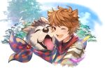  1boy animal animal_ears animal_hug bangs black_gloves blush brown_eyes dog dog_boy dog_ears feathers gloves gran_(granblue_fantasy) granblue_fantasy highres lumberjack_(granblue_fantasy) male_focus mechanical_arms one_eye_closed open_mouth plaid plaid_shirt red_shirt shirt short_hair smile upper_body yunan_(twyunan) 